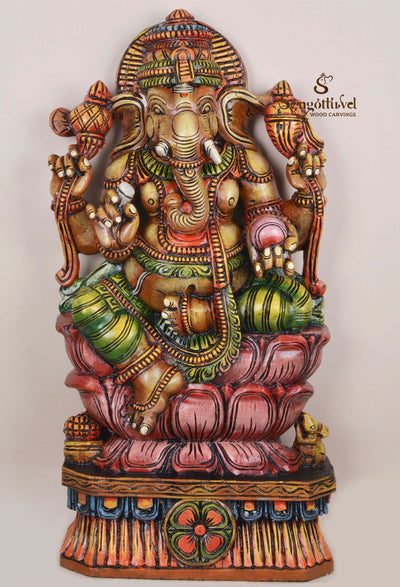 Pink Lotus Ganesha Holding His Fav Mothak Sculpture 36"