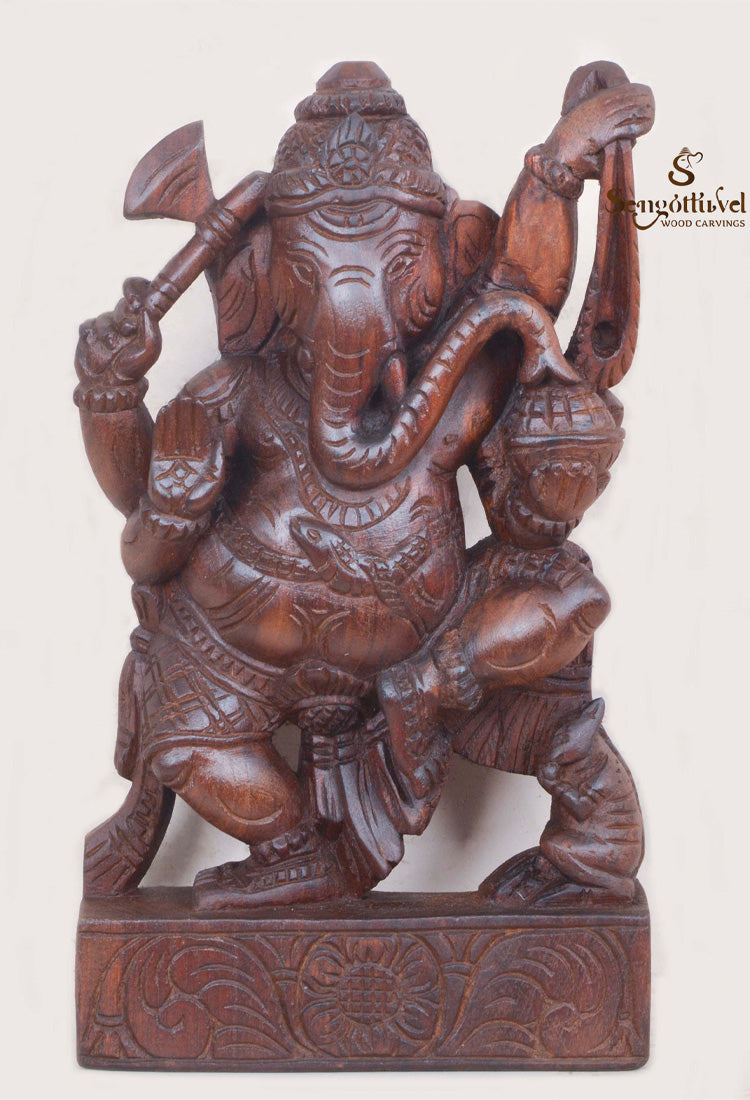 Holding Axe,Ankusha,Ladoo Ganesh Wooden Sculpture 14"