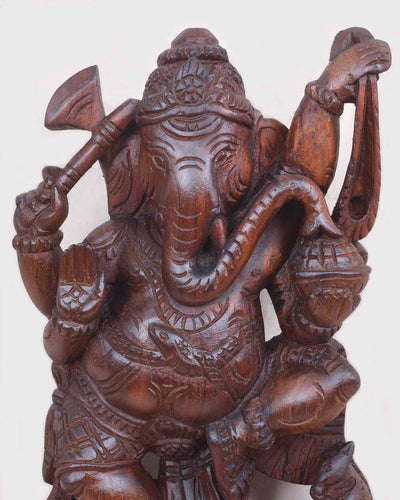 Holding Axe,Ankusha,Ladoo Ganesh Wooden Sculpture 14"