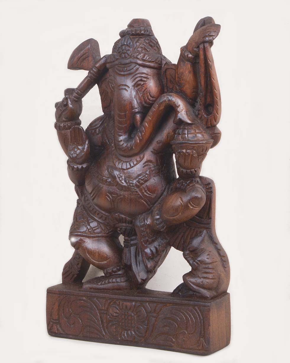 Holding Axe,Ankusha,Ladoo Ganesh Wooden Sculpture 14"