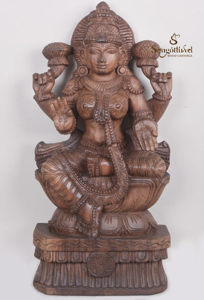 Prosperity MahaLakshmi on Lotus Wooden Sculpture 24"