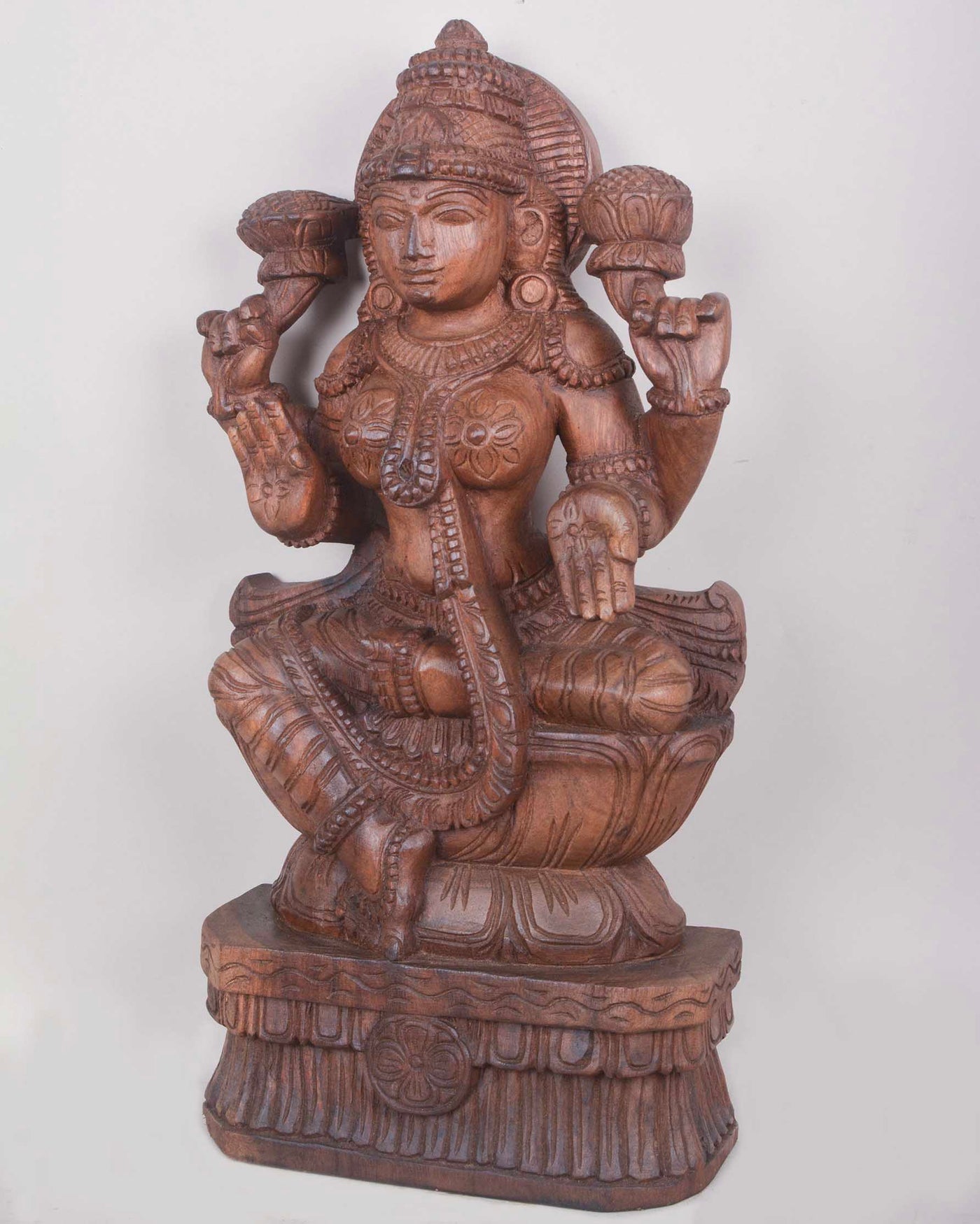 Prosperity MahaLakshmi on Lotus Wooden Sculpture 24"