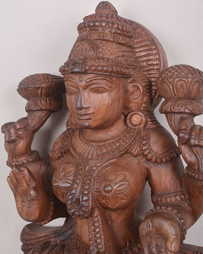 Prosperity MahaLakshmi on Lotus Wooden Sculpture 24"