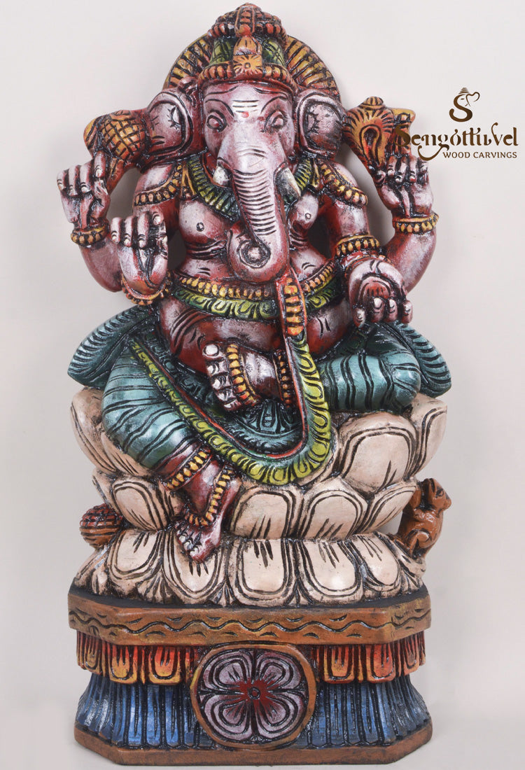 Multicolour Wooden Ganesha Carved With Mouse Sculpture  24"