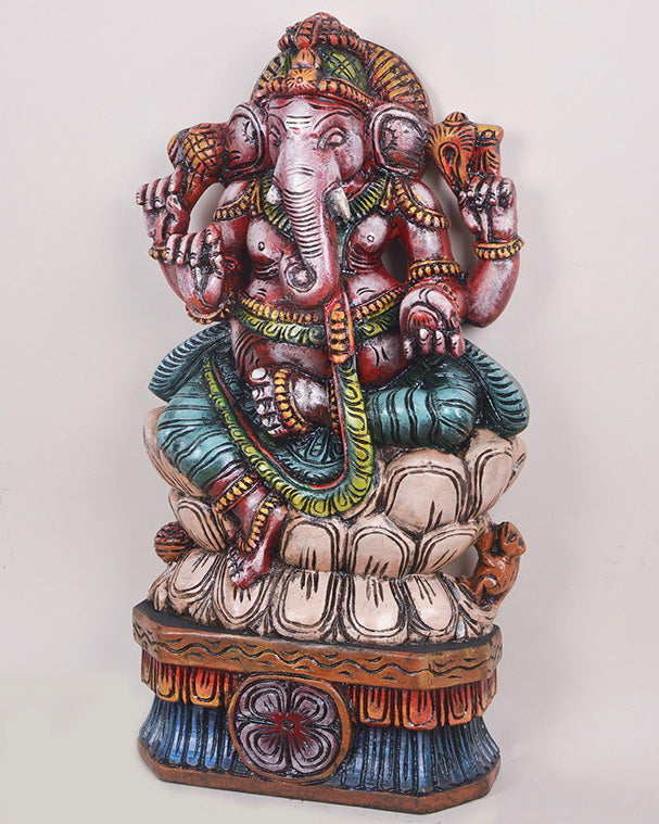 Multicolour Wooden Ganesha Carved With Mouse Sculpture  24"