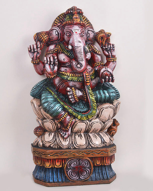 Multicolour Wooden Ganesha Carved With Mouse Sculpture  24"
