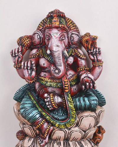 Multicolour Wooden Ganesha Carved With Mouse Sculpture  24"