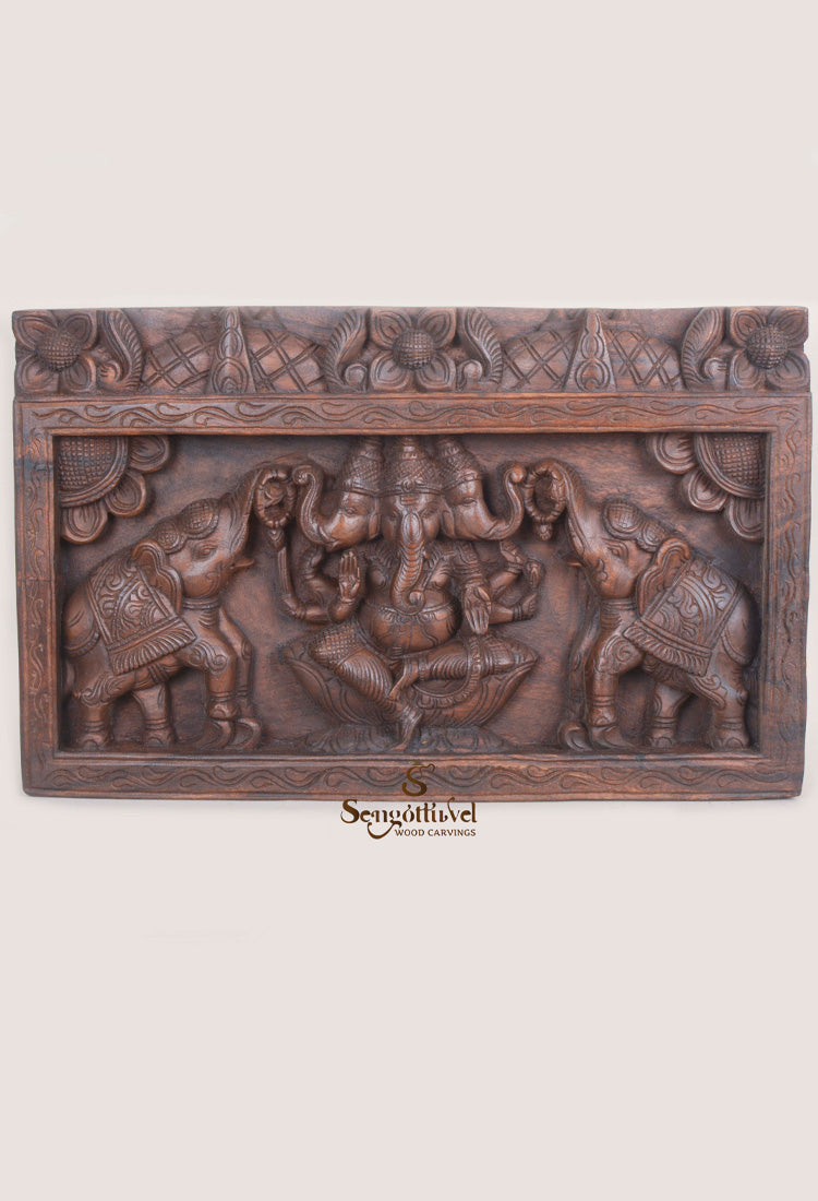 Trimukha Ganesha with Elephants Floral Design panel 24"