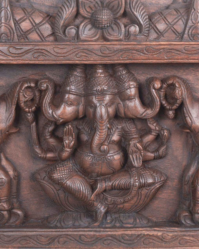 Trimukha Ganesha with Elephants Floral Design panel 24"