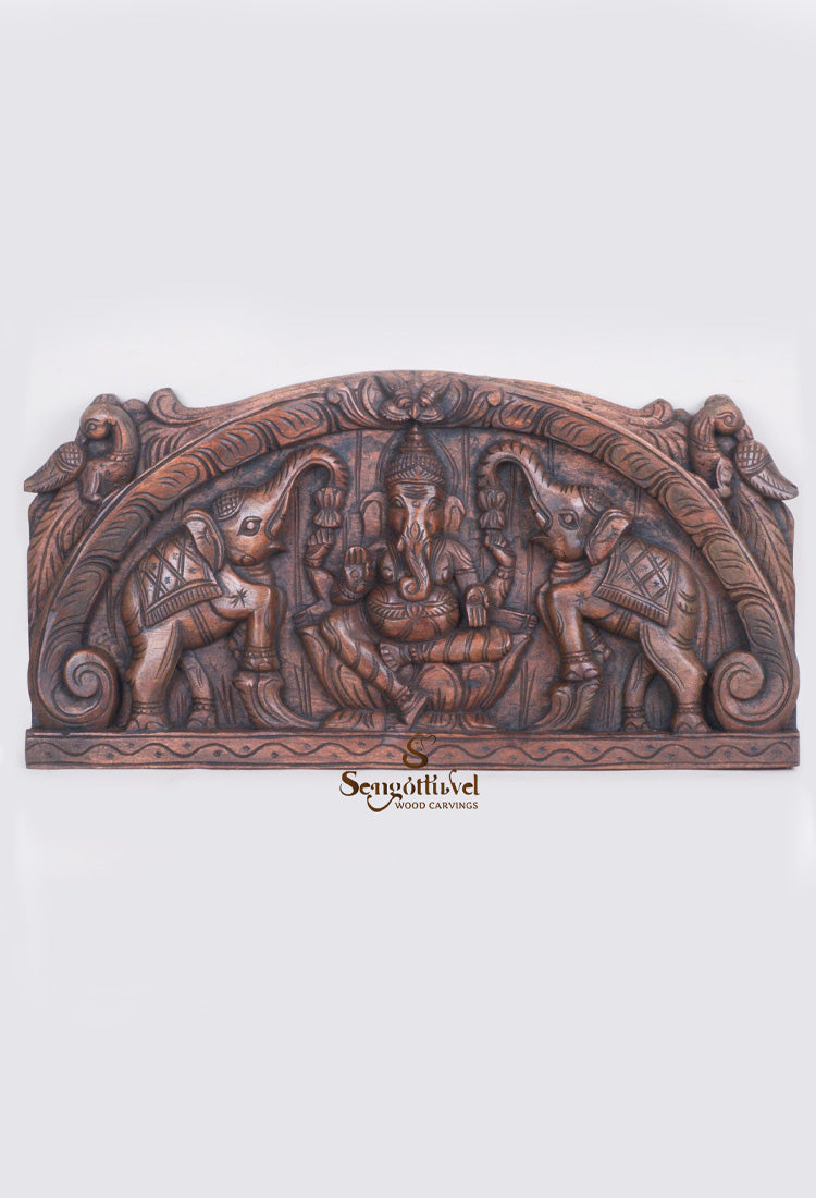 Arch Design Wooden Gaja Ganesh&Parrots Wall panel 24"