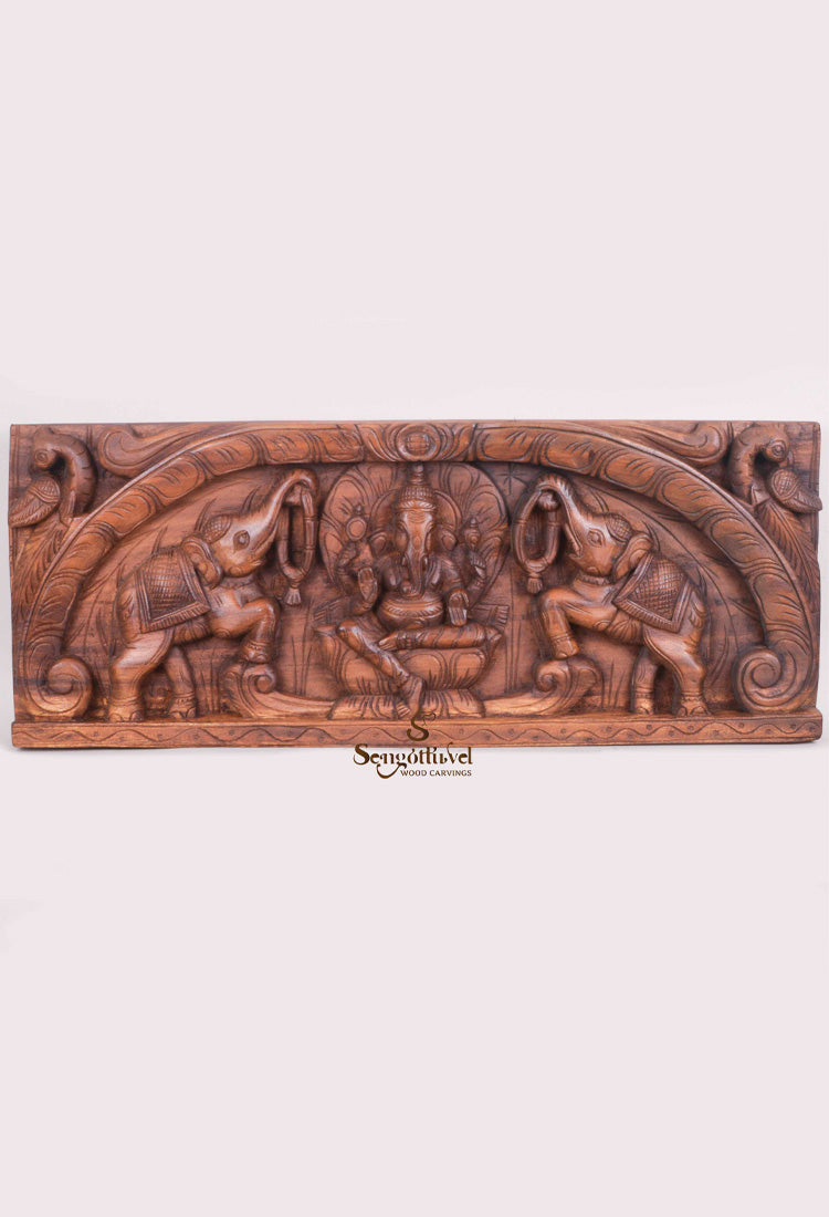 Carved Beautiful Parrots With Gaja Ganesha Panel 31"