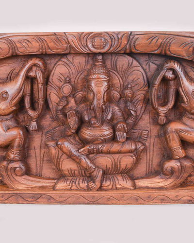 Carved Beautiful Parrots With Gaja Ganesha Panel 31"