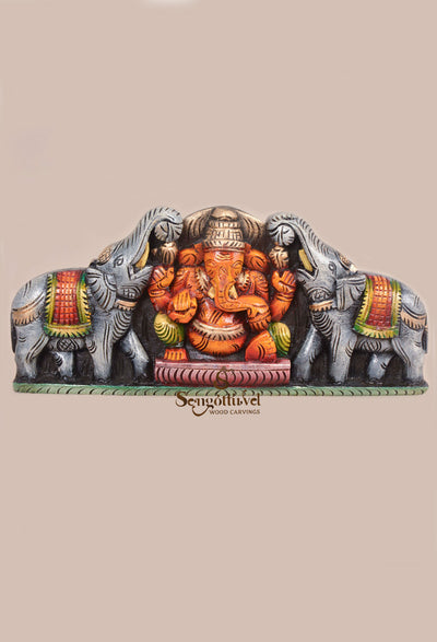 Coloured Grey Elephants With Gaja Ganesha Wall Panel 18"