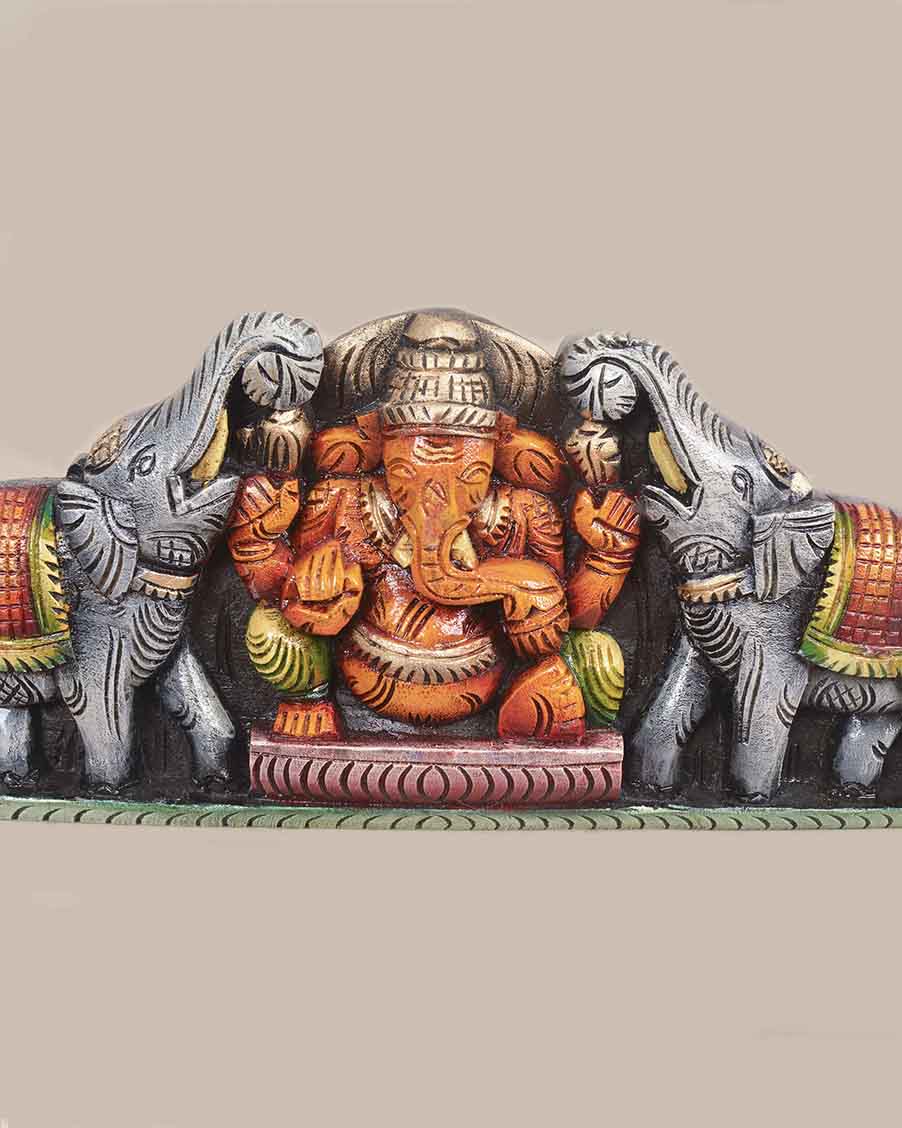 Coloured Grey Elephants With Gaja Ganesha Wall Panel 18"