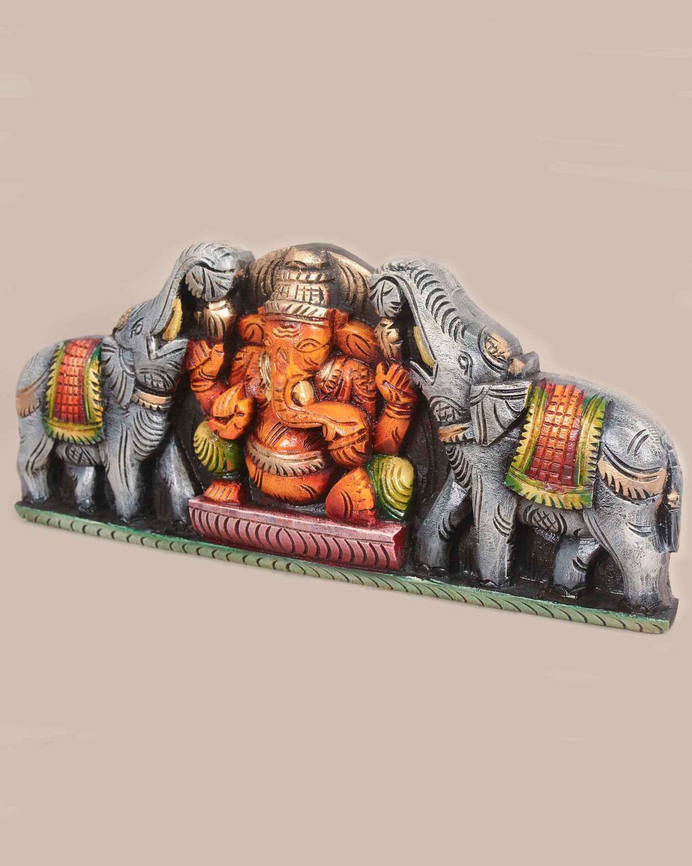 Coloured Grey Elephants With Gaja Ganesha Wall Panel 18"