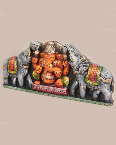 Coloured Grey Elephants With Gaja Ganesha Wall Panel 18"