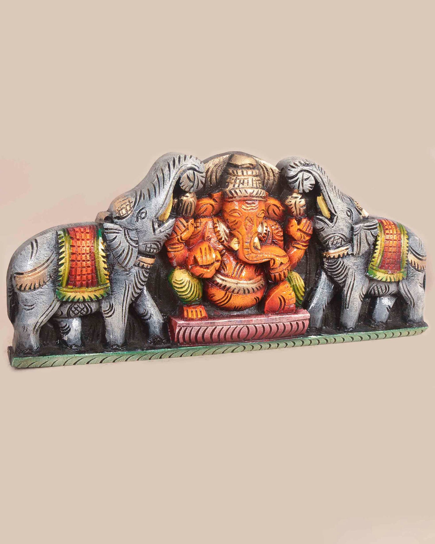 Coloured Grey Elephants With Gaja Ganesha Wall Panel 18"