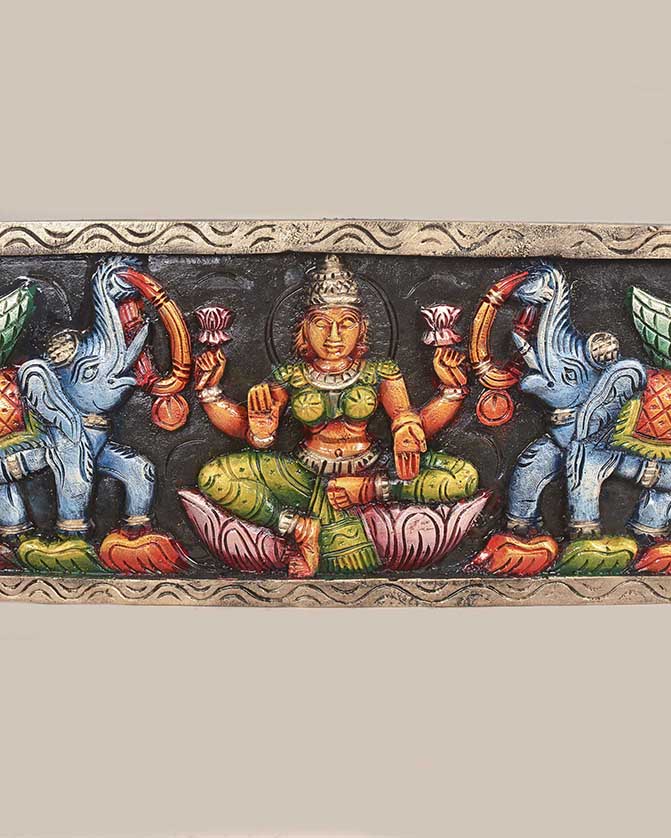 Goddess GajaLakshmi with Kamadhenu  wooden Horizontal Wall Panel 30"