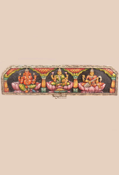Temple Look MahaLakshmi, Ganesh, Saraswathi Horizontal Panel 36"