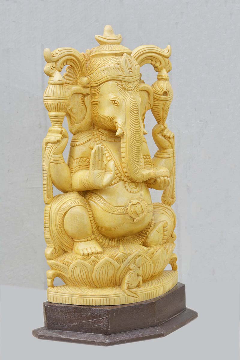Lord Ganesha In White Cedar Wooden Statue 15"