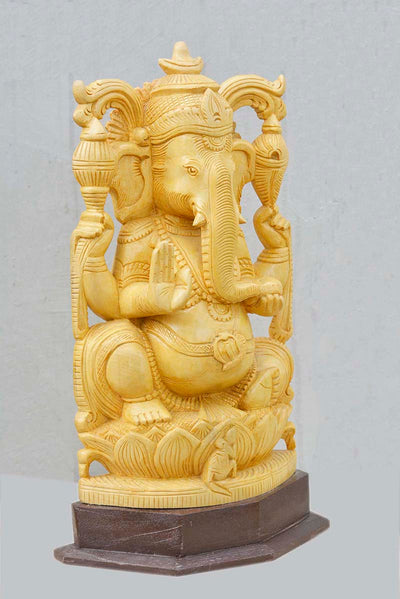 Lord Ganesha In White Cedar Wooden Statue 15"