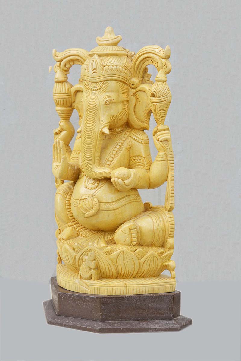 Lord Ganesha In White Cedar Wooden Statue 15"
