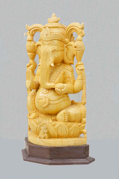 Lord Ganesha In White Cedar Wooden Statue 15"