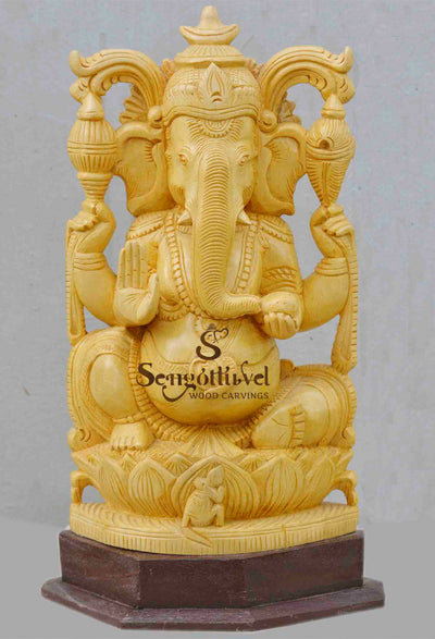 Lord Ganesha In White Cedar Wooden Statue 15"