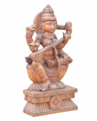 Handcarved Wooden Goddess Saraswathi Statue 24"