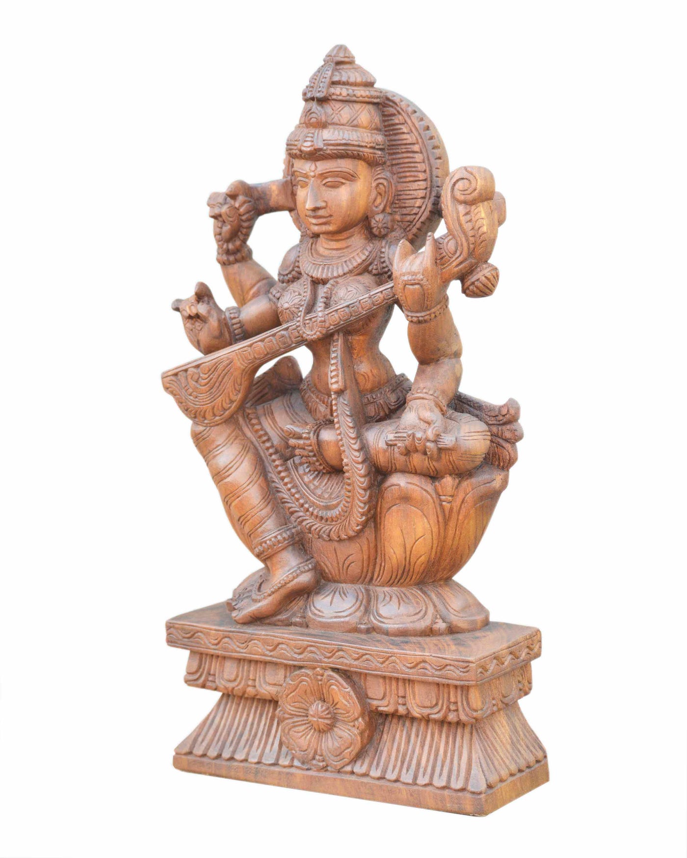 Handcarved Wooden Goddess Saraswathi Statue 24"