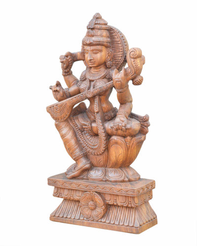 Handcarved Wooden Goddess Saraswathi Statue 24"