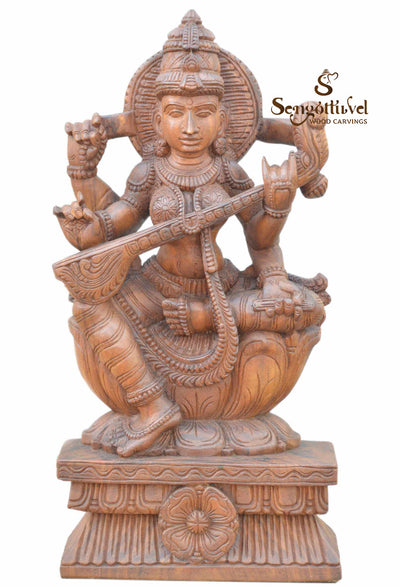 Handcarved Wooden Goddess Saraswathi Statue 24"