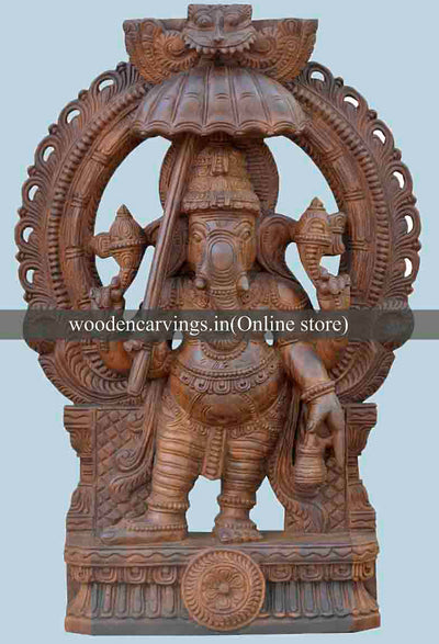 Wooden Sculpture Of Bridgegroom Ganesha With Arch Design 36"