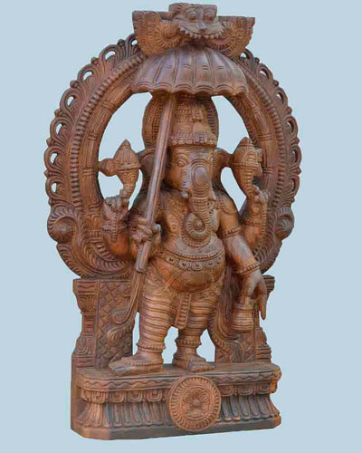 Wooden Sculpture Of Bridgegroom Ganesha With Arch Design 36"