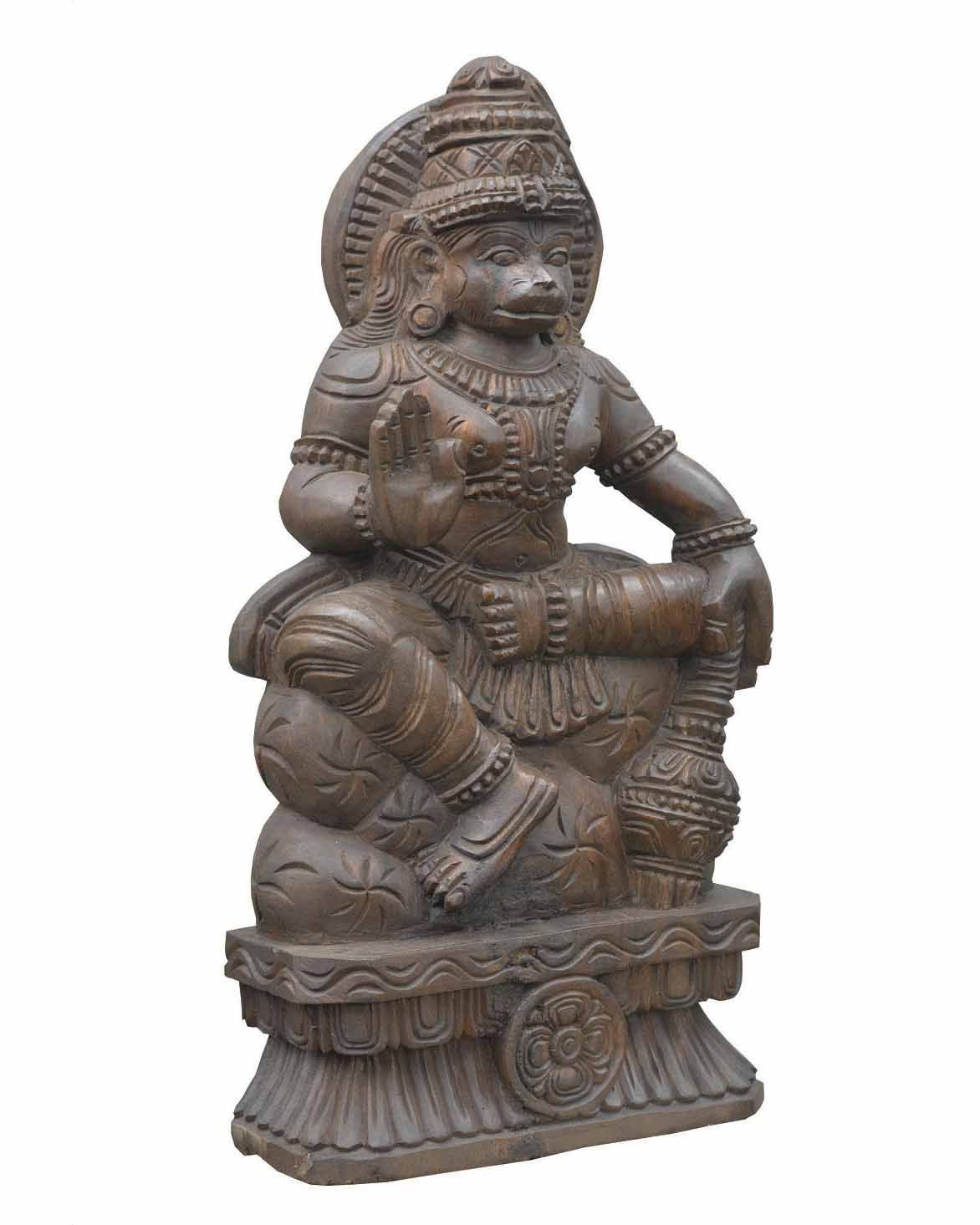Lord Hanuman Holding Gada and Blessing Wooden Sculpture 24"