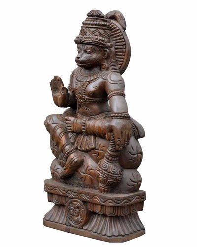 Lord Hanuman Holding Gada and Blessing Wooden Sculpture 24"