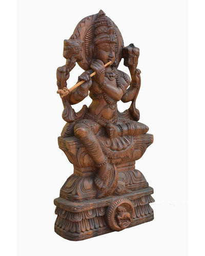 Seated Basuri  Krishna Wooden Sculpture 24"