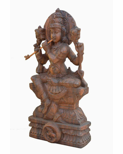 Seated Basuri  Krishna Wooden Sculpture 24"