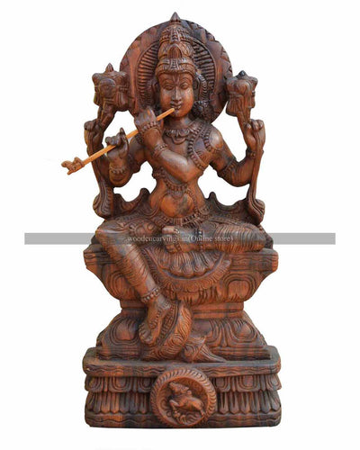 Seated Basuri  Krishna Wooden Sculpture 24"