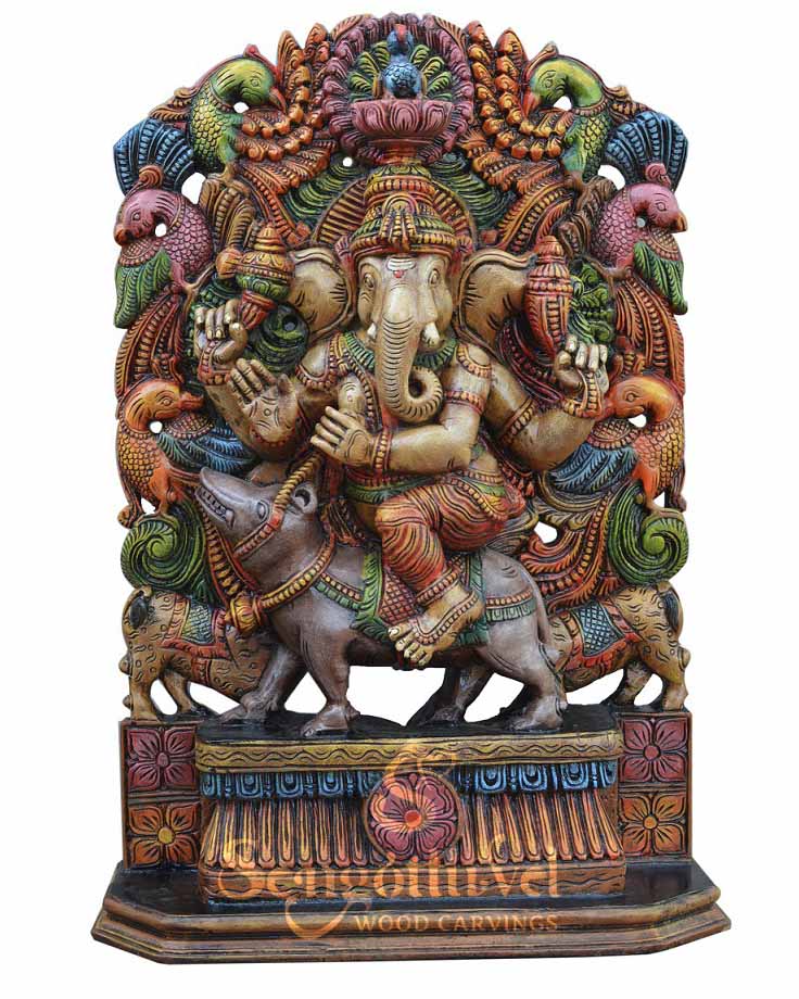 Lord Ganapathi Riding Mooshak (Rat) Wooden Sculpture 38"