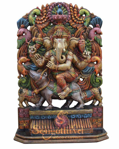Lord Ganapathi Riding Mooshak (Rat) Wooden Sculpture 38"